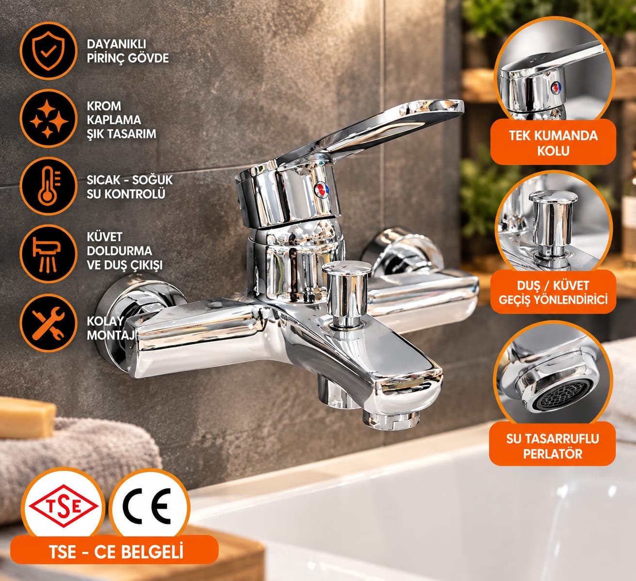 İlhan Som krom pirinç gövdeli banyo bataryası