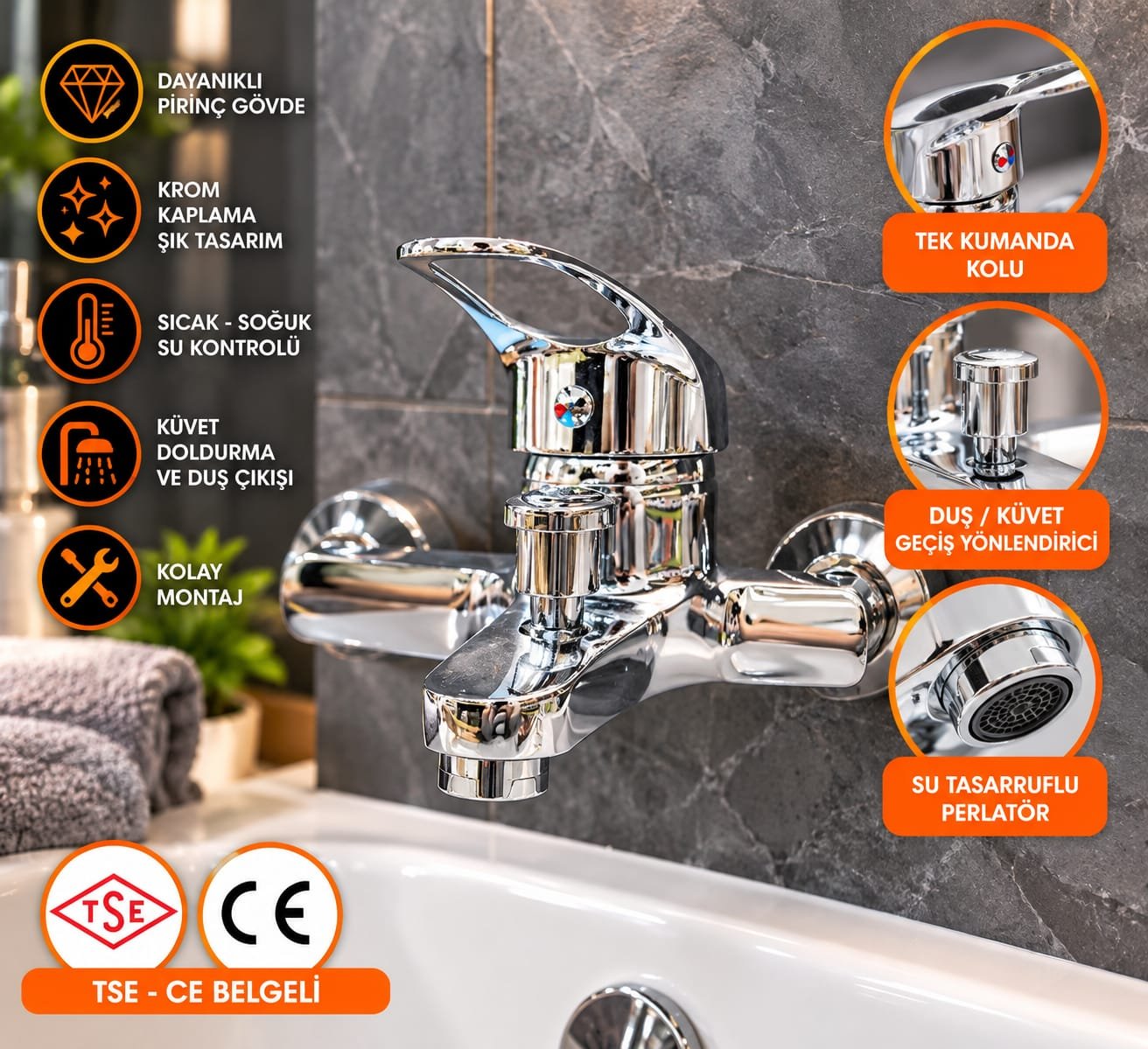 İlhan Mix krom kaplama pirinç gövdeli banyo bataryası